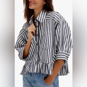 Free People Bailey Stripe Ruffle Hem Cotton Button-Up Shirt
